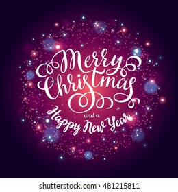 Merry Christmas hand lettering inscription on firework background. Hand drawing calligraphy phrases for greeting card, poster, banner, website, header, certificate, t-shirts. Vector illustration. 