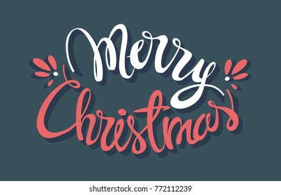 Merry Christmas hand lettering inscription for Christmas and New Year Celebration holiday design text isolated on colored background, calligraphy raster version illustration.
