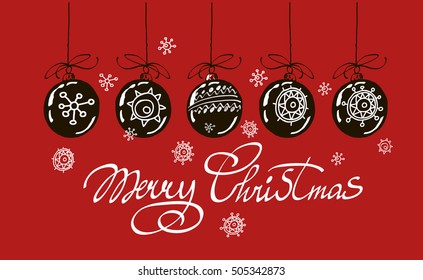 Merry Christmas hand lettering isolated on red background. Vector image. Modern calligraphy type.