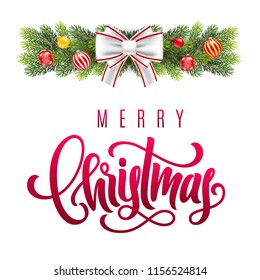 Merry Christmas hand lettering on greeting background with a fir tree branches and decorations. Template for a banner, poster, invitation. Vector illustration for your design