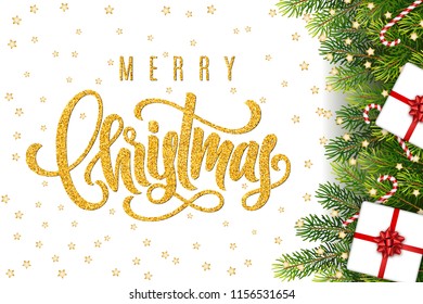 Merry Christmas hand lettering on greeting background with a fir tree branches, gifts, bow, candy canes and decorations. Template for a banner, poster, invitation. Vector illustration for your design