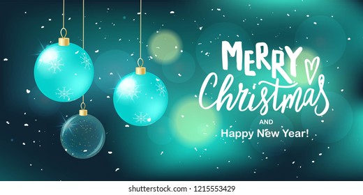 Merry Christmas hand lettering on blur background with realistic baubles. Typography for Christmas and winter holidays greeting card, invitation, banner, postcard, web, poster template. Vector.