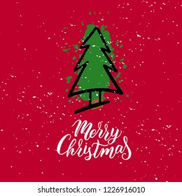 Merry Christmas hand lettering on textured background with snowfall and tree. Typography for Happy New Year holidays greeting card, invitation, banner, postcard, poster template. Vector.
