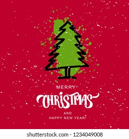 Merry Christmas hand lettering on textured background with snowfall and tree. Typography for Happy New Year holidays greeting card, invitation, banner, postcard, poster template. Vector.