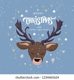 Merry Christmas hand lettering on textured background with deer head. Typography for Happy New Year holidays greeting card, invitation, banner, postcard, web, poster template. Vector illustration.