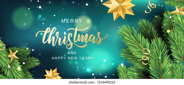 Merry Christmas hand lettering on blur background with realistic pine branches and stars. Typography for Christmas  holidays greeting card, invitation, banner, postcard, poster template. Vector.