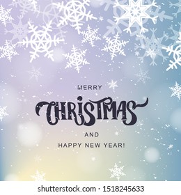 Merry Christmas hand lettering on blur background with snowflakes. Typography for Christmas and winter holidays greeting card, invitation, banner, postcard, poster template. Vector.