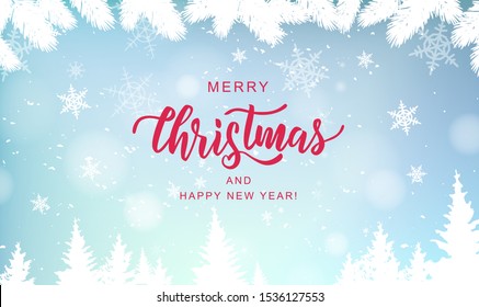 Merry Christmas hand lettering on blur background with snowflakes. Typography for Christmas and winter holidays greeting card, invitation, banner, postcard, web, poster template. Vector.