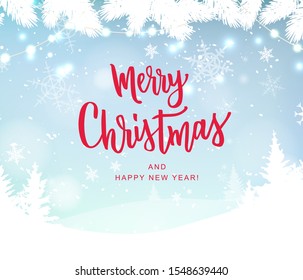 Merry Christmas hand lettering on blur background with snowflakes. Typography for Christmas and winter holidays greeting card, invitation, banner, postcard, web, poster template. Vector.