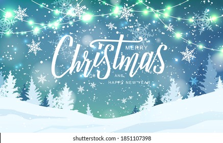 Merry Christmas hand lettering on blur background with snowflakes, trees, garlands, falling snow. Holiday winter landscape. Vector illustration.