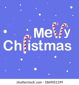 Merry Christmas hand lettering on the blue background with red sticks and. Christmas greeting card. Vector illustration for holiday invitations, banners, postcards, holiday packages, flyers, calendar.