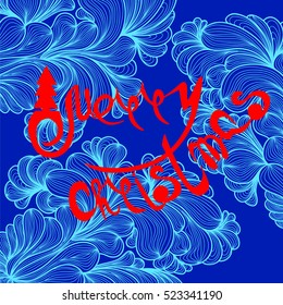 Merry Christmas hand lettering on the background of frosty patterns. Template for postcards, Christmas posters, banners and other festive designs. Typography vector. Zentagl art.
