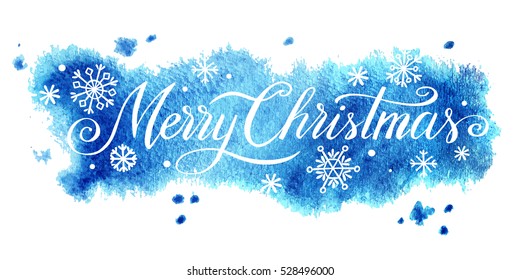Merry Christmas hand lettering on watercolor background, vector  illustration.