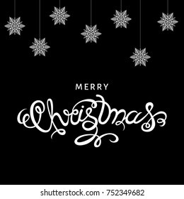 Merry Christmas. Hand lettering on black  background with  white  snowflakes. Vector illustration.
