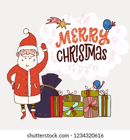 Merry Christmas hand lettering quote. Winter scene with cute Santa Claus, pile of presents and cartoon bird. Holiday invitation or greeting card. Vector illustration.