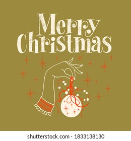 Merry Christmas hand lettering quote. Text for social media, print, t-shirt, card, poster, promotional gift, landing page, web design elements. Vector lettering illustration on a colored background.