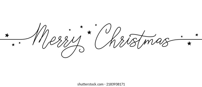 Merry Christmas hand lettering quote. Black festive inscription with small stars on a white. Single line art. Vector design template for holiday greeting card, invitation, banner, Christmas decoration