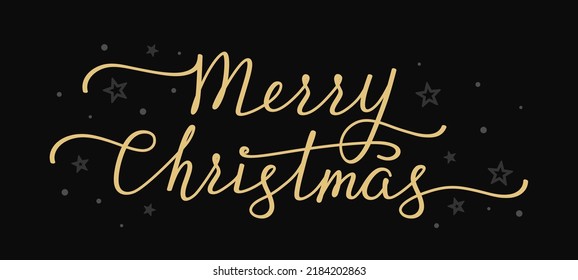 Merry Christmas hand lettering quote with graceful wavy lines. Gold festive handwritten inscription with small gray stars and dots on a black. Vector design template for holiday greeting card, banner