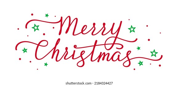 Merry Christmas hand lettering quote with graceful wavy lines. Red festive handwritten inscription with small green stars on a white. Vector design template for greeting card and Christmas decoration