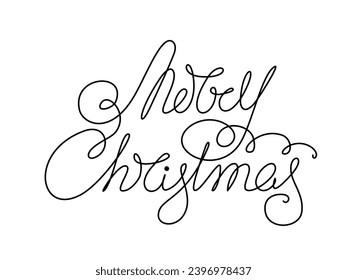 Merry Christmas hand lettering quote. Black festive inscription on white background. Continuous one line drawing art. Vector design template for holiday greeting card, invitation, banner, Christmas de