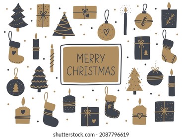 Merry Christmas hand lettering. Scandinavian Christmas set. Hand drawn Doodle elements. Vector illustration.