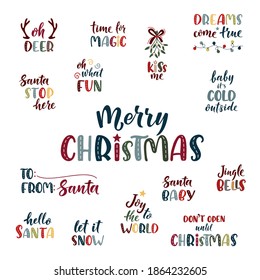 Merry Christmas hand lettering set. Cute colorful text isolated on white. Vector logo, emblems, text design. Xmas and New Year vector celebration sign for winter holiday design, postcard, t-shirt, tag