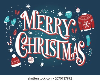 Merry Christmas hand lettering sign on dark blue background with holiday icons and stars. Colorful festive vector illustration
