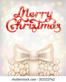 Merry Christmas hand lettering signature on beautiful bokeh background - vector illustration.Pearl gift box with bow - vector illustration.