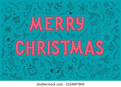 Merry Christmas hand lettering with sketchy dooldes holiday toys and snowflakes in neon colors. Vector background eps10