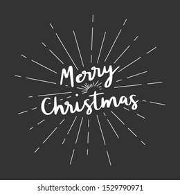 Merry Christmas hand lettering with sunburst lines on gray background.