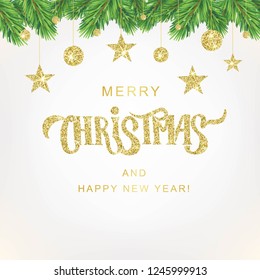 Merry Christmas hand lettering text. Sparkling celebration typography. Fir tree garland with hanging balls and stars. Vector banner, poster, postcard, greetings template.
