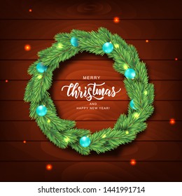 Merry Christmas hand lettering text card. Typography inscription for New Year holiday design. Christmas Wreath made of realistic looking pine branches decorated with golden stars. Vector.