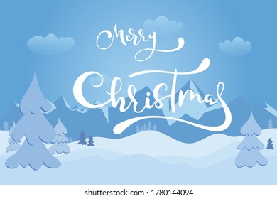Feliz texto con letras de la mano de Navidad y vistas al invierno sobre el bosque y las montañas, paisaje con nieve blanca en los abetos. Ilustración del vector EPS 10