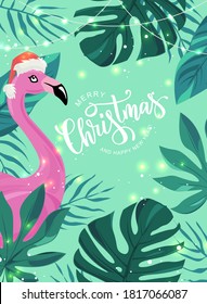 Merry Christmas hand lettering text for exotic New Year celebration. Pink flamingo bird with tropical leaves. Vector illustration.