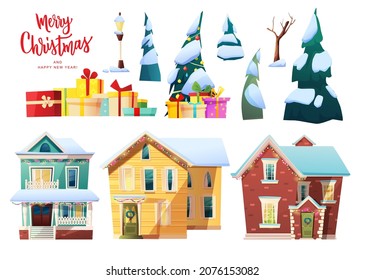 Merry Christmas hand lettering text with set of street New Year objects. Gift boxes, decorated tree in snow,  houses, lantern. Cartoon vector illustration.