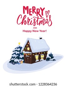 Merry Christmas hand lettering with winter snowy landscape, snow covered country house, trees and mountains. Flat style. Good for New Year cards, banners, winter holidays décor. Vector. 