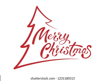 Merry Christmas hand sketched vector lettering with christmas tree silhouette. Celebration winter quotation for postcard, poster, invitation, banner and sticker. Red holiday calligraphy.  EPS 10