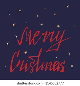 Merry Christmas hand written lettering in red on dark background with golden stars. Vector illustration EPS 10.
