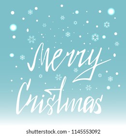 Merry Christmas hand written lettering on light background with snow fall. Vector Illustration EPS 10.