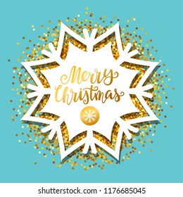 Merry Christmas hand written lettering  on a snowflake decorated with glitters isolated on blue background. Vector illustration.