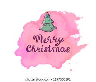 Merry Christmas hand written lettering. Modern brush calligraphy with Christmas tree for greeting card, poster, photo overlay. Isolated on watercolor background. Vector illustration.