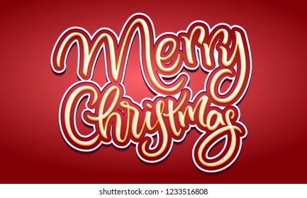 Merry Christmas hand written lettering banner. Stylish expressive brush calligraphy. Festive print design for invitations, cards, posters. White illustration on red background
