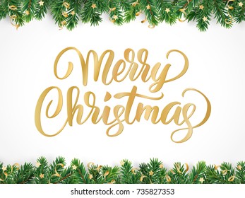 Merry Christmas hand written lettering. Winter holiday background. Fiesta border with fir tree branches and ornaments. Great for Christmas and New year cards, banners, headers, party posters