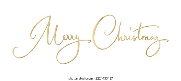 Merry Christmas hand written text. Golden Merry Christmas letters isolated on white. Winter season typography. Elegant vector calligraphy for holiday cards, party posters, headers, gift tags, overlays