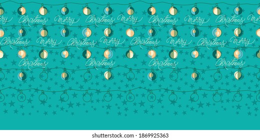 Merry Christmas hand written vector texture horizontal Border. Festive seamless pattern with text, decorated balls and stars for packaging, decorations, fabrics, gifts and wrapping paper.
