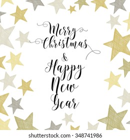 Merry Christmas Hand-drawn Background. Gold And Silver. Stars Hand Drawn With Ink. Invitation Card. Vector Background. 