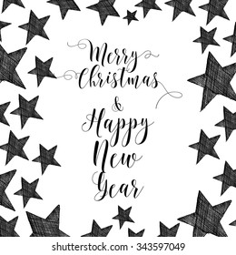 Merry Christmas hand-drawn background. Stars hand drawn with ink. Invitation card. Vector background. 