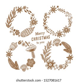 Merry Christmas handdrawn circle frames. Modern Christmas Wreath made of doodle flowers and leaf.