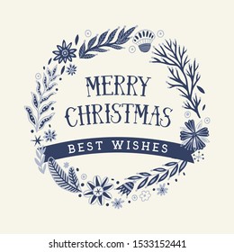 Merry Christmas handdrawn greeting card. Modern Christmas Wreath made of doodle flowers and leaf.