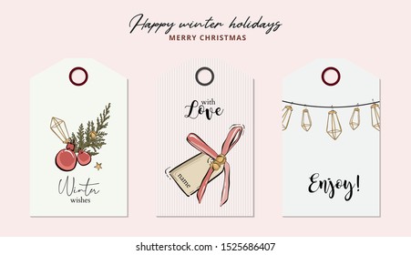 Merry Christmas hand-drawn greeting cards with jingle bells, balls, geometric garland and typography quotes. Happy New Year design illustration. Noel drawing.